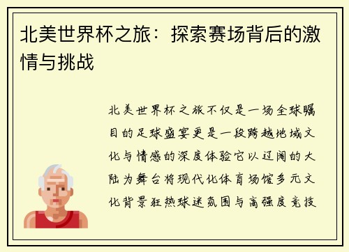 北美世界杯之旅：探索赛场背后的激情与挑战